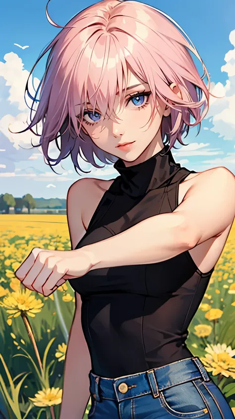 ((masterpiece)), (Top quality portraits), 1 Female, With dandelions, (Hair on one eye), Pink short haircut, Wearing a black turtleneck sleeveless T-shirt, Denim pants, In the dandelion field, Beautiful eyes in every detail, Gorgeous face with attention to ...