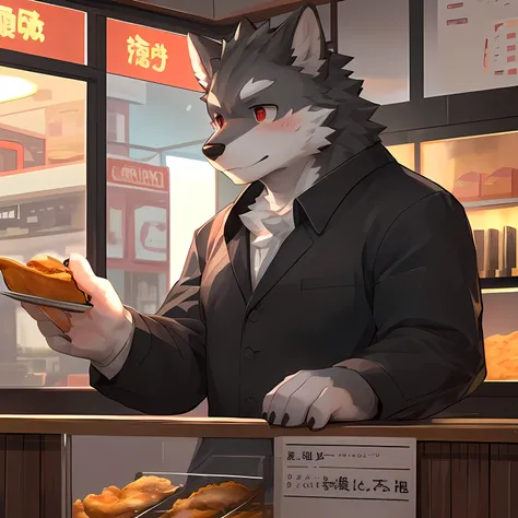 [masterpiece:1.2], best quality,highres,extremely detailed CG,perfect lighting,8k wallpaper,
Male,wolf,21 years old,red eyes(Black suit on:1.25),nervous,flurried,blush,
(Black-gray fur:1.35),white fur,Black claws,pawpads,(bara and strong:1.35),robust,Domin...