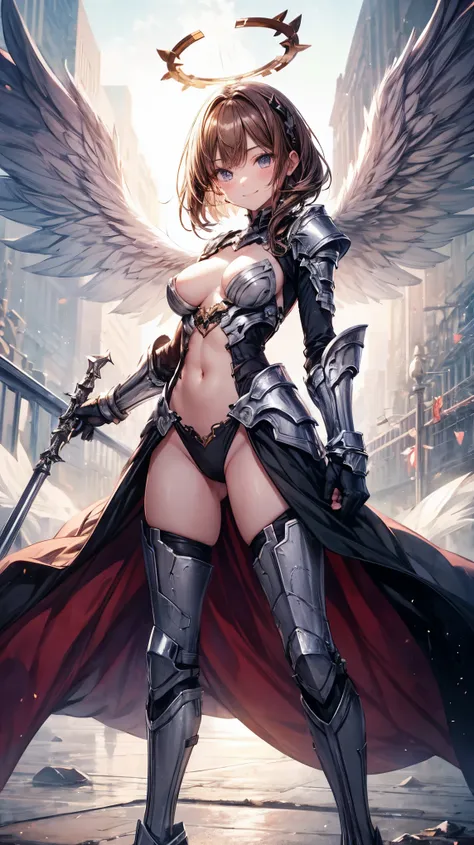 fantasy, 1angel_girl,(young_teen:1.5), ,brown_hair, medium_bob_hair, long_bangs, halo,bare_shoulder,thighhighs,silver_armor, waist_armor, large_breasts,1pair_wings, dynamic_pose_fighting,floating, bare_crotch, headgear,gauntlet, greaves,city_landscape_back...