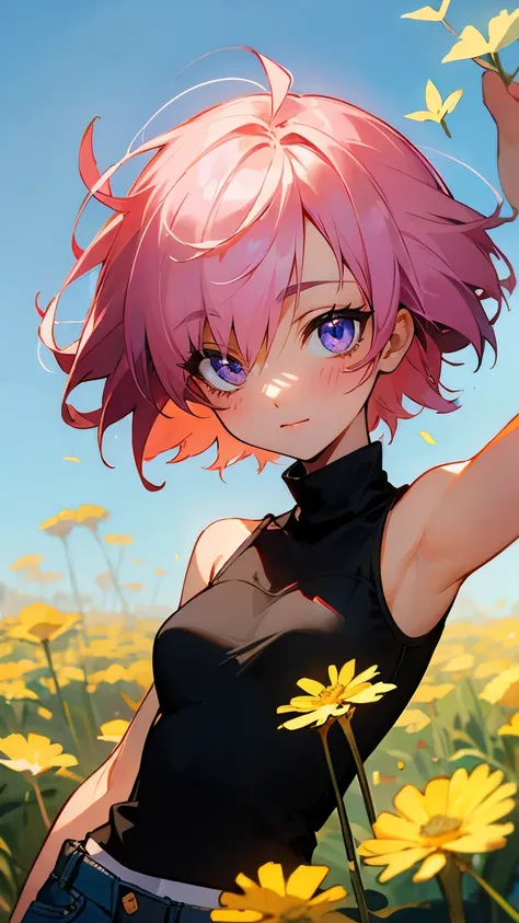 ((masterpiece)), (Top quality portraits), 1 Female, With dandelions, (Hair on one eye), Pink short haircut, Wearing a black turtleneck sleeveless T-shirt, Denim pants, In the dandelion field, Beautiful eyes in every detail, Gorgeous face with attention to ...