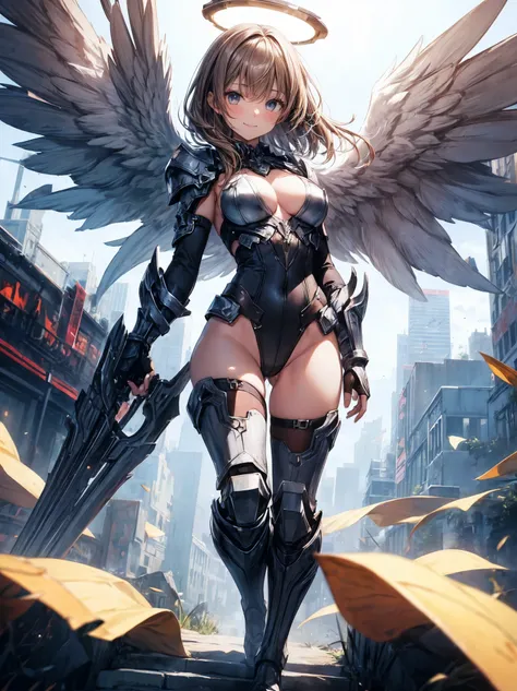 fantasy, 1angel_girl,(young_teen:1.5), ,brown_hair, medium_bob_hair, long_bangs, halo,bare_shoulder,thighhighs,silver_armor, waist_armor, large_breasts,1pair_wings, dynamic_pose_fighting,floating, bare_crotch, headgear,gauntlet, greaves,city_landscape_back...