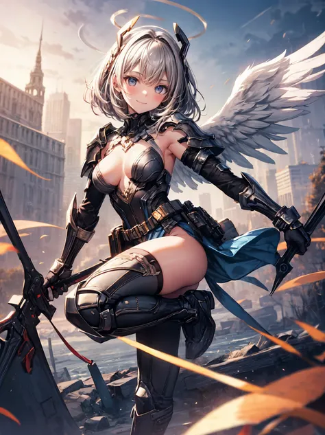 fantasy, 1angel_girl,(young_teen:1.5), ,brown_hair, medium_bob_hair, long_bangs, halo,bare_shoulder,thighhighs,silver_armor, waist_armor, large_breasts,1pair_wings, dynamic_pose_fighting,floating, bare_crotch, headgear,gauntlet, greaves,city_landscape_back...