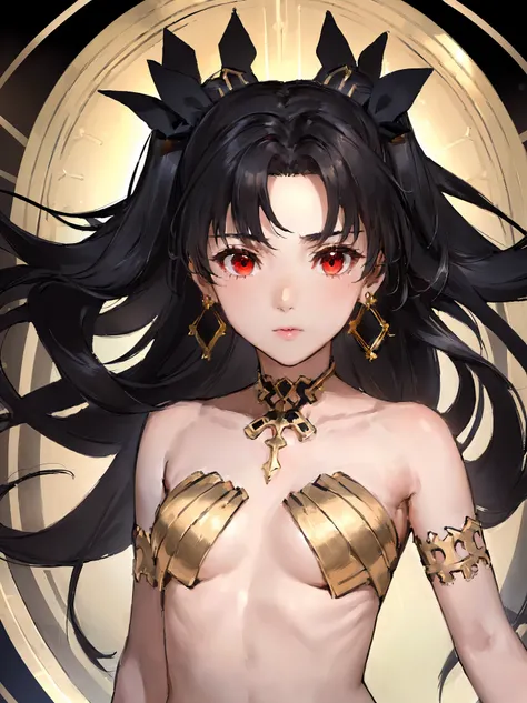 (Highest quality, One girl, masterpiece, RAW Photos,Very detailed:1.2), Ishtar, Ahoge, black bow, bow, Black Hair, Earrings, hair bow, hair ornaments, jewelry, Long Hair, (Red eyes), (Small breasts:1.2),
