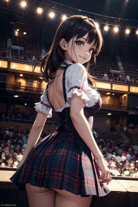 very cute and beautiful girl,(highly detailed beautiful face and eyes),(smile:1.2),happy, black hair,looking at viewer,dancing,(looking back,from behind),(leaning forward,from below), plaid navy blue idol costume like AKB48,teen akiba idol,detailed frills,...