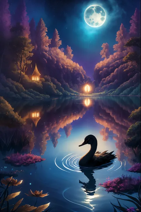 ethereal black swan with silver and gold wing patterns, glowing in the moonlight over an enchanted forest lake, shimmering stars...