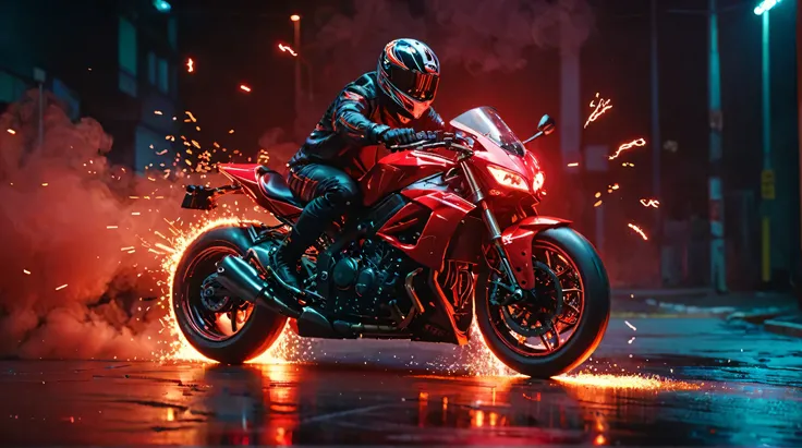 red motorbike ,glowneon, cinematic film still, sports motorbike emitting sparks, red motorbike, bike is drifting, completely blank background, just the bike doing a wheelie 
