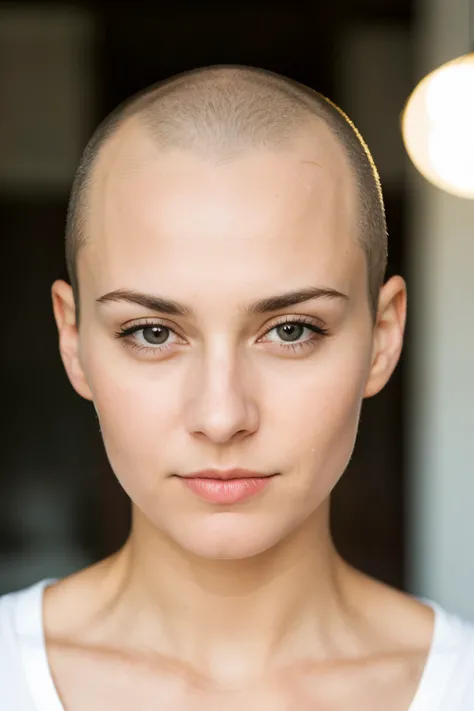 In this passport-size photo, a German woman with a neutral expressive gaze is captured under flat, diffused, and even lighting, ensuring no highlights or shadows distort her features. With a bald head, she presents a unique and distinctive appearance. Her ...