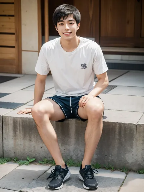 Japanese, male, university student, Wearing shorts,((full body)), (super sharp focus), (Hairy legs), (solo), smile, Anatomically correct, sitting