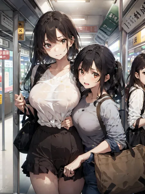 There are two different types of girl, they are in the train to go vacation, There are multiple men and women in back ground, shirt tug, covered_nipples, blushed, one girl grabbing another girls breasts from behind, small breast