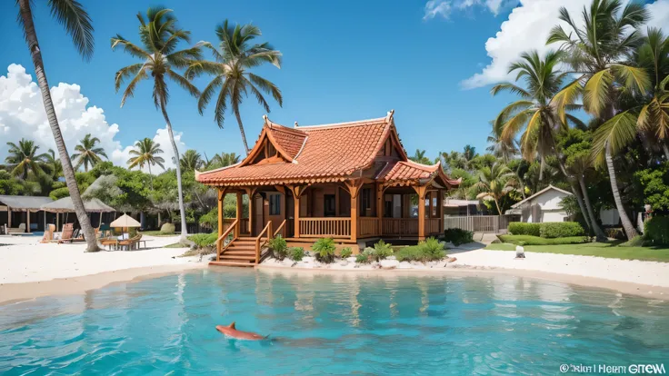 Beach Ocean 4K Resolution, Complex details, Popular on artstation, ((best quality)), ((Very detailed)), masterpiece, landscape, No humans, external, dolphin_square, Small fruit red stall,Made of stone and wood, Pineapple, coconut, Palm tree, Small house, C...