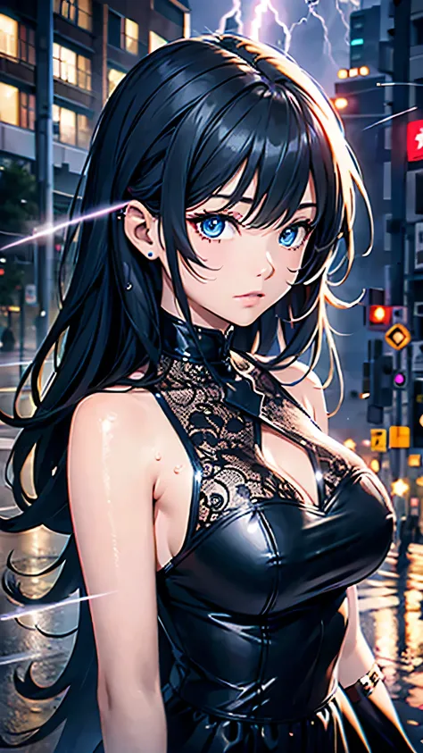 最high quality、Best image quality、masterpiece、With a girl((cute、16 years old、Best Bust、Medium Bust、Beautiful Blue Eyes、Spread your chest wide,Black Hair、Disheveled Hair、thin、Highest Valley、Black Dresy whole body is wet、Lying on your back)）high quality、Beaut...