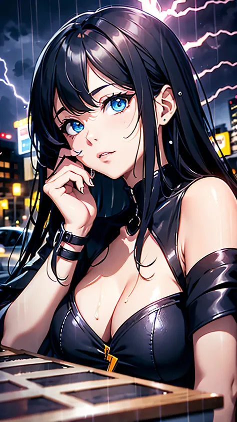 最high quality、Best image quality、masterpiece、With a girl((cute、16 years old、Best Bust、Medium Bust、Beautiful Blue Eyes、Spread your chest wide,Black Hair、Disheveled Hair、thin、Highest Valley、Black Dresy whole body is wet、Lying on your back)）high quality、Beaut...