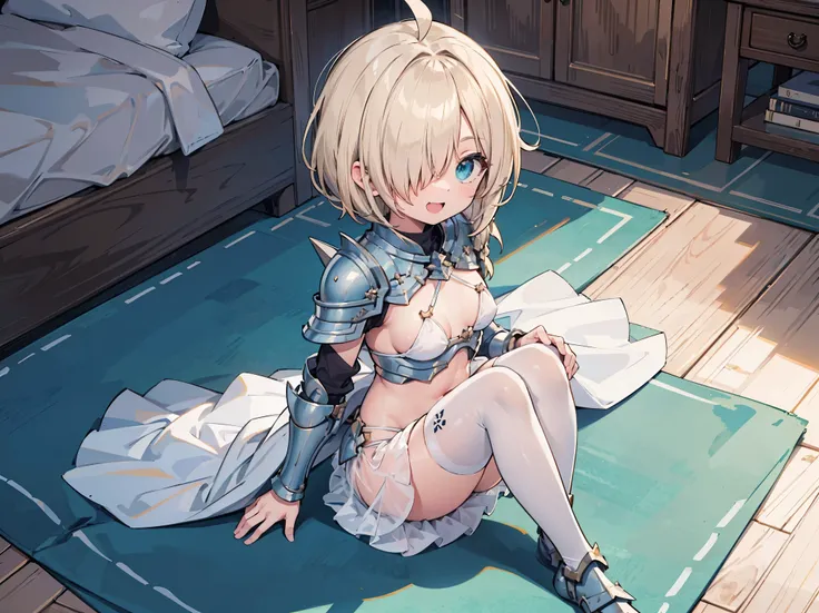 (masterpiece:1.2), (highest quality:1.2), perfect eyes, perfect face, perfect lighting, middle ages, room, 1 boy,blonde　aqua eye, ((((((hair over one eye,)))))), Braidスタイル, spike hair, dull bangs, bob hair, Braid, Ahoge, robe ((((Transparent white bikini a...