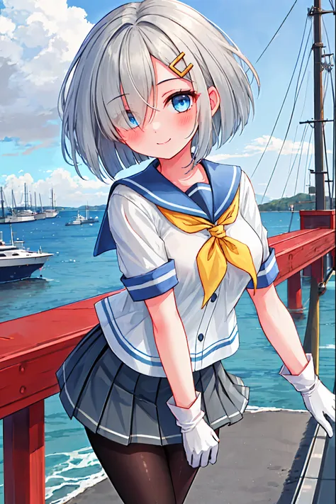 best quality, masterpiece, highres, solo, {hamakaze_kantaicollection:0.90}, 1girl, black_pantyhose, pleated_skirt, serafuku, short_sleeves, simple_background, white_background, yellow_neckerchief, white_gloves, looking_at_viewer, grey_skirt, blush, eyes_vi...