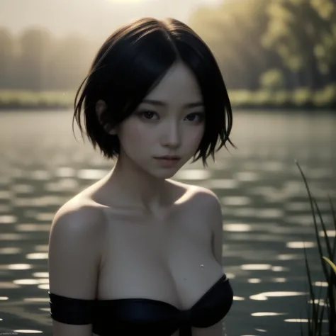 Beautiful Young Female ,Short hair ,Lake, extremely delicate and beautiful,Outstanding light and shadow, highly detailed wallpaper,Clear and bright sunlight, Professional portrait, Semi-nude photography, close up portrait of bathing in a lake, reeds, (back...