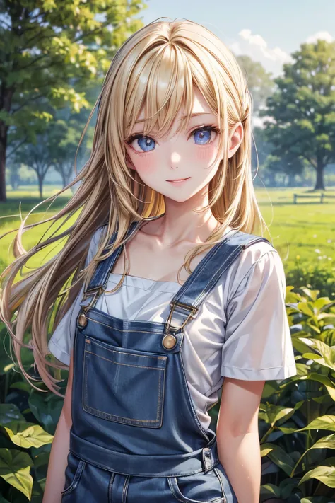 masterpiece,Highest quality,Very detailed,Looking to the side美少女,Blonde,Completely naked,Overalls,(Looking to the side), teenager,Perfect Face,Beautiful and detailed eyes,Beautiful Skin,skinny,Dynamic,smile,farm