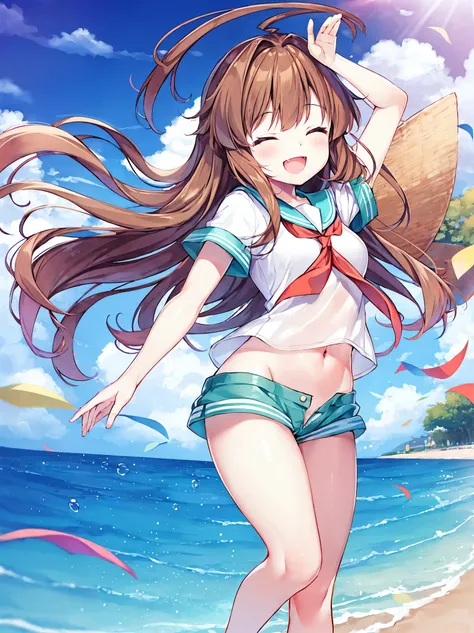 1young_teen_ girl,  brown_hair, long_hair, sailor_uniform,white_ baggy_shorts, short_sleeve, thighs, small_breasts, big_smile, open_mouth, fang, harbor_landscape_background, slightly_spread_legs, happiness, covered_crotch,ahoge,XD,exciting_posing,closed_ey...