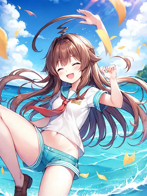 1young_teen_ girl, brown_hair, long_hair, sailor_uniform,white_ baggy_shorts, short_sleeve, thighs, small_breasts, big_smile, open_mouth, fang, harbor_landscape_background, slightly_spread_legs, happiness, covered_crotch,ahoge,XD,exciting_posing,closed_ey...