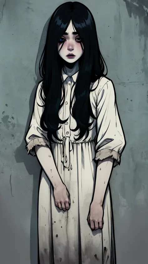 taeonolyeoksul、sadako、long black hair、pale skin、black eye、dirty white dress、dirty clothes、solo、ruins、black、darkness、暗darkness、th...