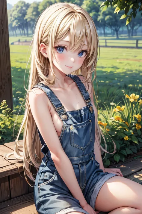 masterpiece,Highest quality,Very detailed,Looking to the side美少女,Blonde,Completely naked,Overalls,(Looking to the side), teenager,Perfect Face,Beautiful and detailed eyes,Beautiful Skin,skinny,Dynamic,smile,farm