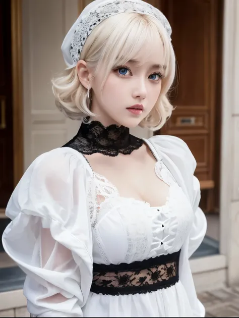 A young woman with striking white skin and large expressive eyes、She has short, curly platinum blonde hair.、It is partially covered by a black bonnet decorated with lace and intricate patterns.。There is a large circular white lace trim on the back of the h...