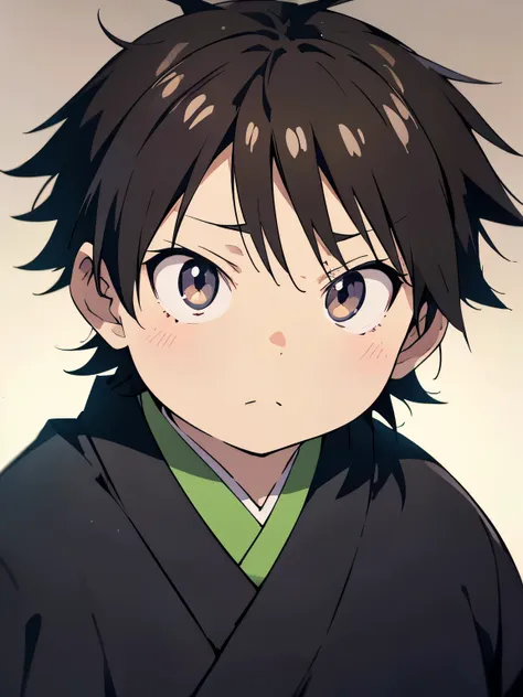 a painting portrait of boy wearing ((black kimono)) in manhwa style, [haruyuki arita] is a kid boy from [accel world] that has b...