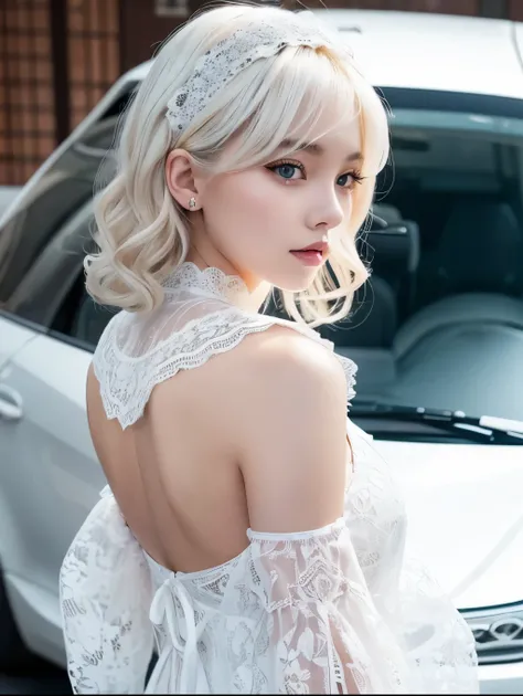 A young woman with striking white skin and large expressive eyes、She has short, curly platinum blonde hair.、It is partially covered by a black bonnet decorated with lace and intricate patterns.。There is a large circular white lace trim on the back of the h...