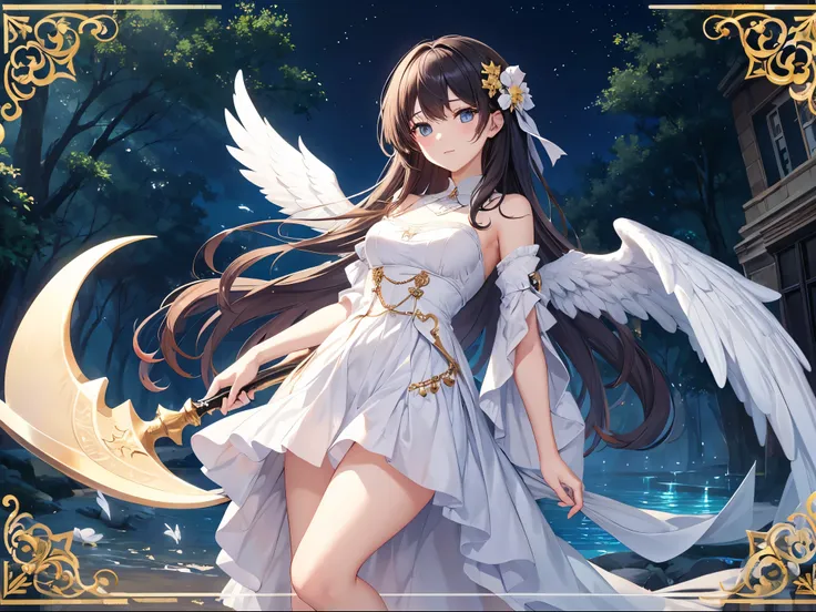 masterpiece, Highest quality, (1 beautiful girl :1.2), Fantasy art, 24-years-old, Medium chest, Standard weight,  close your eyes, dissatisfaction:1.3, Angel with a scythe, Angel Wings, Fluttering in the wind、Fountain shrouded in mist、