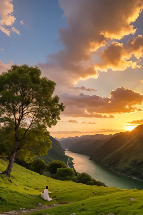 A place of green mountains and the foot of a river, a fluffy landscape with an orange sunset, a place where the heart is relieved and the story is fun at the end