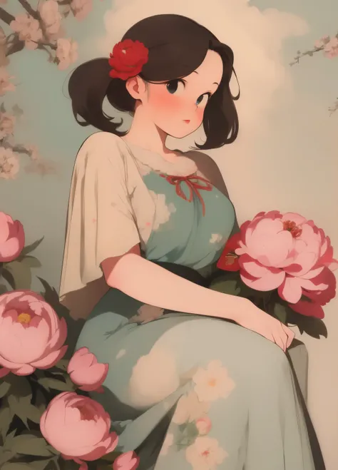 (masterpiece、Highest quality、Highest quality、Official Art、Beautiful and beautiful:1.2)、(One girl:1.3)Hatsune Miku、Twin tails,Beautiful breasts, Katsushika Hokusai, Ink Painting, peony, Flower on shoulder, short hair, Delicate and precise, Thor, Modern ukiy...