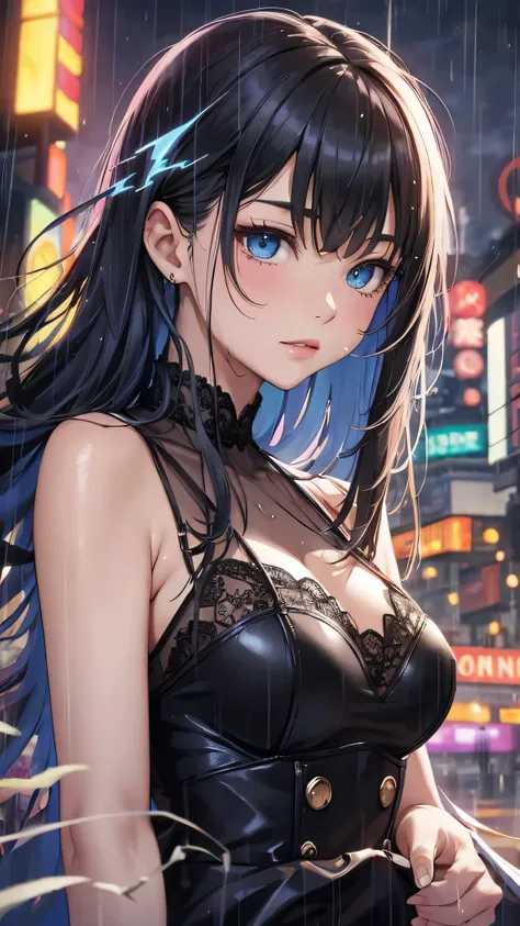 最high quality、Best image quality、masterpiece、With a girl((cute、16 years old、Best Bust、Medium Bust、Beautiful Blue Eyes、Spread your chest wide,Black Hair、Disheveled Hair、thin、Highest Valley、Black Dresy whole body is wet、Lying on your back)）high quality、Beaut...