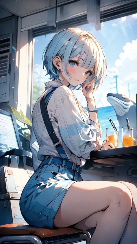 main color: light blue, summer theme
scene: A young girl with short bob-cut white hair, wearing short-sleeved shirt and shorts, enjoying music with a smile and eyes closed, she is sitting
focus: Background should be the main feature, with marine animals li...