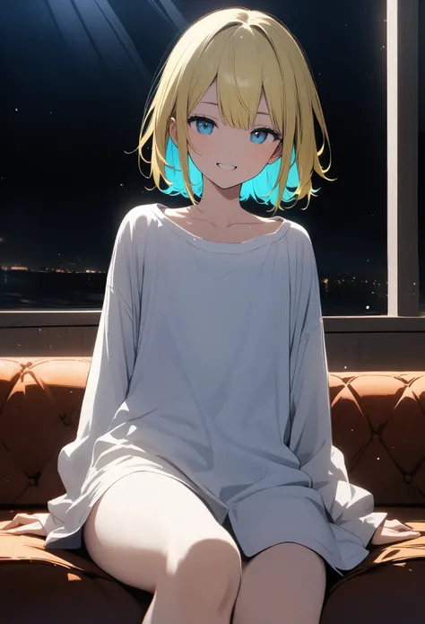 17-year-old girl, ((A woman wearing an oversized button-up shirt as her only clothing. The shirt is loosely fitted, giving a relaxed and casual look. She appears comfortable and confident, with the shirts sleeves and hem slightly extended beyond her hands ...