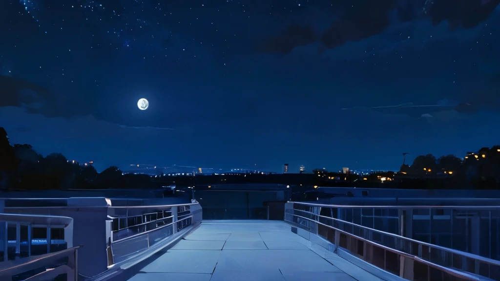 night sky with the moon far away in the center of the sky with railing and floor in the midground. forward-facing, straight shot photo angle, far away shot.