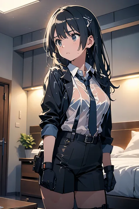1 female, , high quality, masterpiece, Ultra-high resolution, , Cinema Lighting, , , And the suspenders with the cranes flying　　　Large Breasts　 　 　　　　Small face　 　　　holster　　　　　　　 Lying in bed　Looking up　　　　Sweat 　　　belt　summer　脇Sweat 　Black Hole Gloves　su...