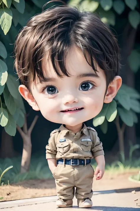 a  dressed in a thai police uniform, striking a cute pose. the background is a police station with the building and police cars,...