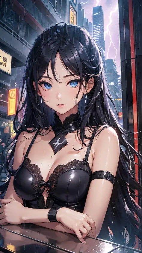 最high quality、Best image quality、masterpiece、With a girl((cute、16 years old、Best Bust、Medium Bust、Beautiful Blue Eyes、Spread your chest wide,Black Hair、Disheveled Hair、thin、Highest Valley、Black Dresy whole body is wet、Lying on your back)）high quality、Beaut...