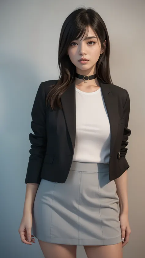 20 years old, 8k, hd, beautiful girl, 1girl, bangs, black choker, choker, grey background, grey eyes, jacket, lips, long hair, long sleeves, looking at viewer, pleated skirt, realistic, skirt, solo, standing, white skirt, (fuller lips:0.8), beauty mark,hal...