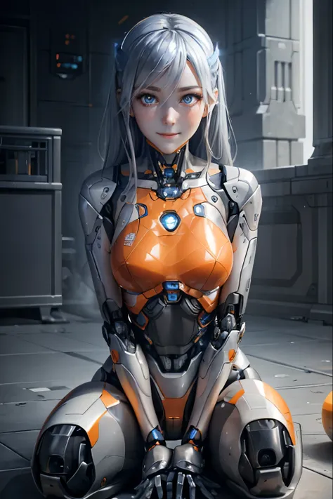 female robot。orange body。shiny body、silver material、the glass parts glow blue、sit on the ground。masterpiece、gray hair、mature、and...