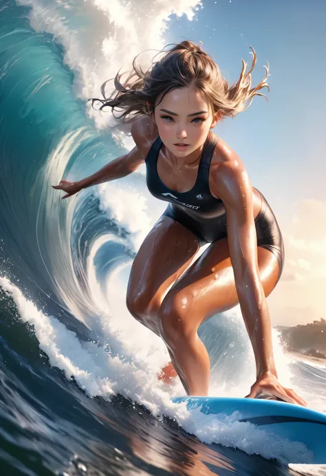 a dynamic sports photography scene, 1girl, cute girl surfing, powerful surfing scene, big wave, beautiful riding pose, stunning surfing riding, (best quality,4k,8k,highres,masterpiece:1.2),ultra-detailed,(realistic,photorealistic,photo-realistic:1.37),HDR,...