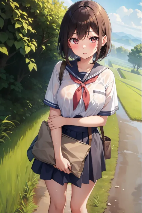 countryside,Rice Field,Standing on the road,high school girl,1 girl,Shortcuts,Bob Hair,Brown Hair,Summer uniform,thin,blush,Large Breasts,mini skirt,Sweaty,Wet,Carry a bag,Please open your mouth,sun,From below,