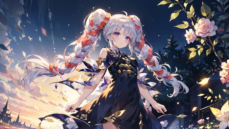 Highest quality, Very detailed, beautiful, Exquisite, 16K, Full HD,(garden,Please 寝る on your side),((Sparkly and soft layered dress)),A large and beautiful dress inspired by rose flowers,Flower storm,Frills,(Art Station, Fantasy art:1.2), pastel colour、Gra...