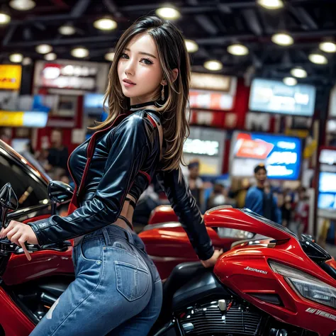 (extremelydetailed((song joo a))) clearly visible the shape of butt, radiant ivory skin with transparency, motor cycle event gir...