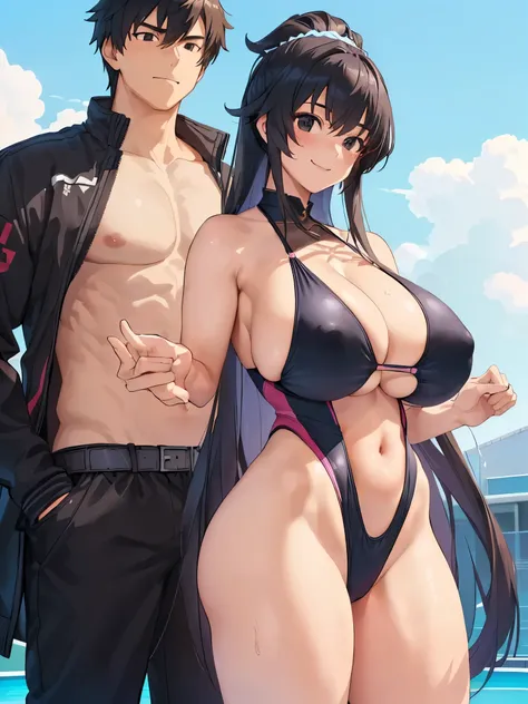 (18-year-old:2.0), ((coastal:1.5)),(((1 man ＆ 1girl is lined up:2.0))),((A woman with huge breasts is wearing a high-cut swimsuit:2.0)),(Huge breasts:2.0),((1. The man is shirtless.:2.0)),(Smiling Beam:1.5), Two people,Highest quality, 4K, masterpiece, Ver...