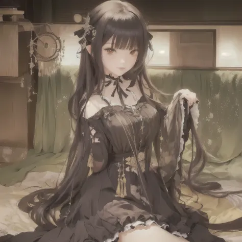 Anime girl with long black hair sitting on the bed in the room, everyone, Gwaiz, Gwaiz on pixiv artstation, Gwaiz on artstation pixiv, Ayaka Genshin Impact, Gothic Maiden Anime Girl, artstation pixivでトレンド, The finer details. Girls&#39; Frontline, Shadowver...