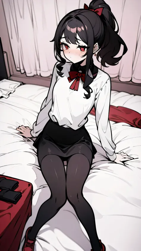 using pantimedies, wavy black hair, piercing look with deep red eyes, average stature, Silky hair with a ponytail hairstyle collected with a red bow with two white lines, with clothes, has a vagina, has breasts, cup of breasts, small breasts, slim, foregro...