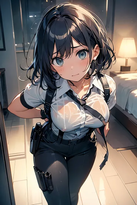 1 female, , high quality, masterpiece, Ultra-high resolution, , Cinema Lighting, , , And the suspenders with the cranes flying　　　Large Breasts　 　 　　　　Small face　 　　　holster　　　　　　　 Lying in bed　Looking up　　　　Sweat 　　　belt　summer　脇Sweat 　Black Hole Gloves　su...