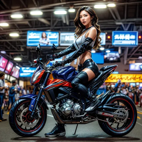 (ExtremelyDetailed((Song Joo A))) clearly visible the shape of Butt, Radiant Ivory Skin with Transparency, motor cycle event girls in sexy costume, Detailed Clothing texture, Full of (motor cycle) . (Full body shot:1.2),Ultra-detailed,grand scale,epic,zoom...