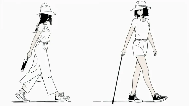 A woman with a hat and a walking stick, Line art, Woman walking, Line artイラスト, author：Middle Bokun, Simple illustration, Holding a bottle of perfume, イラスト Line artスタイル, Line art, author：fairy cliff, 大きな胸とNarrow waist, One Line Art, Simple and clean illustr...