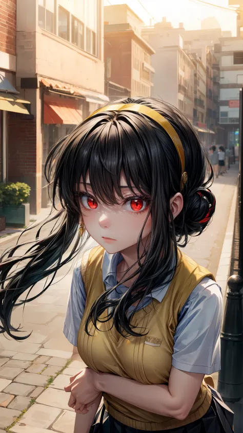 Ajof, side locks, golden hairband, hair adornments, ((Red eyes:1.5)), gold earring, Large breasts,((black hair:1.5)), BREAK (otonokizaka , pleated skirt, , short sleeves, skirt, summer uniform, sweater vest, yellow sweater vest:1.5), BREAK looking at viewe...